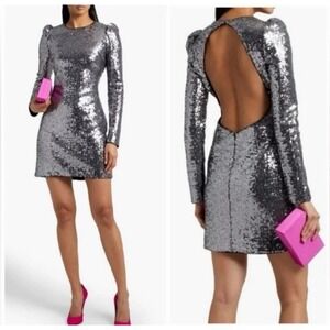Rachel Zoe Backless Long Sleeve‎ Silver Sequin Party Holiday Mini $345 Dress 10